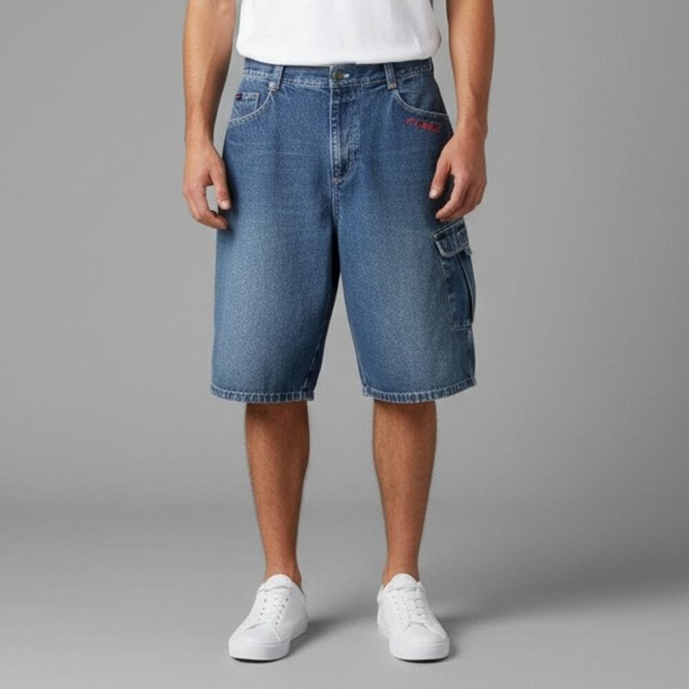 Vintage FUBU The Collection Baggy High Rise Cargo Shorts Mens Size 38 Blue Denim